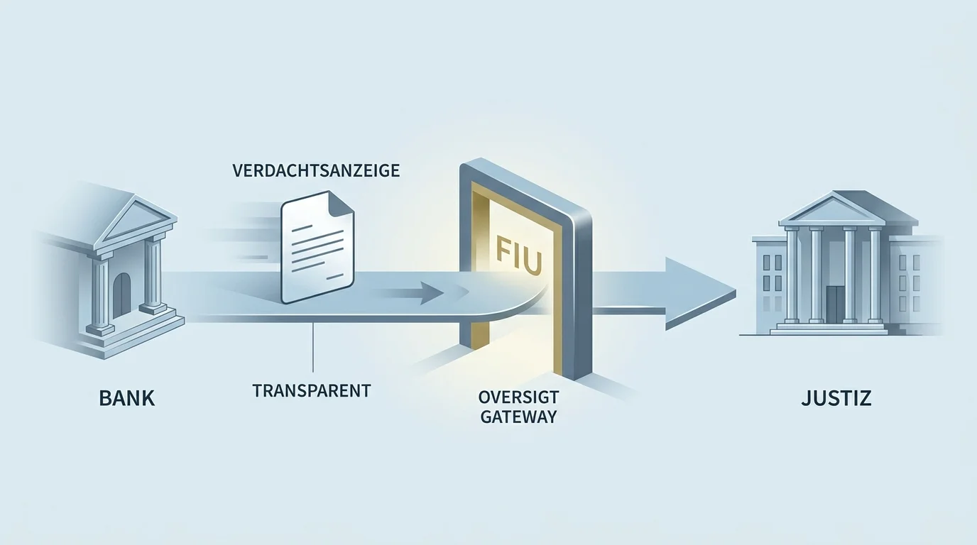 Schematische Darstellung des Wegs einer Verdachtsanzeige von der Bank über die FIU bis zur Staatsanwaltschaft mit Zwischenschritten