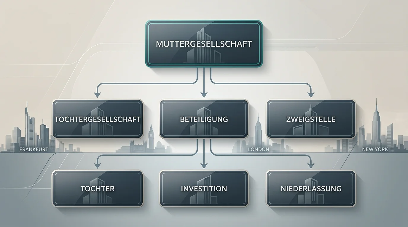 Abstrakte Darstellung einer Konzernstruktur mit Mutter- und Tochtergesellschaften zur Veranschaulichung der Eigentümerlage hinter einer Casino-Marke