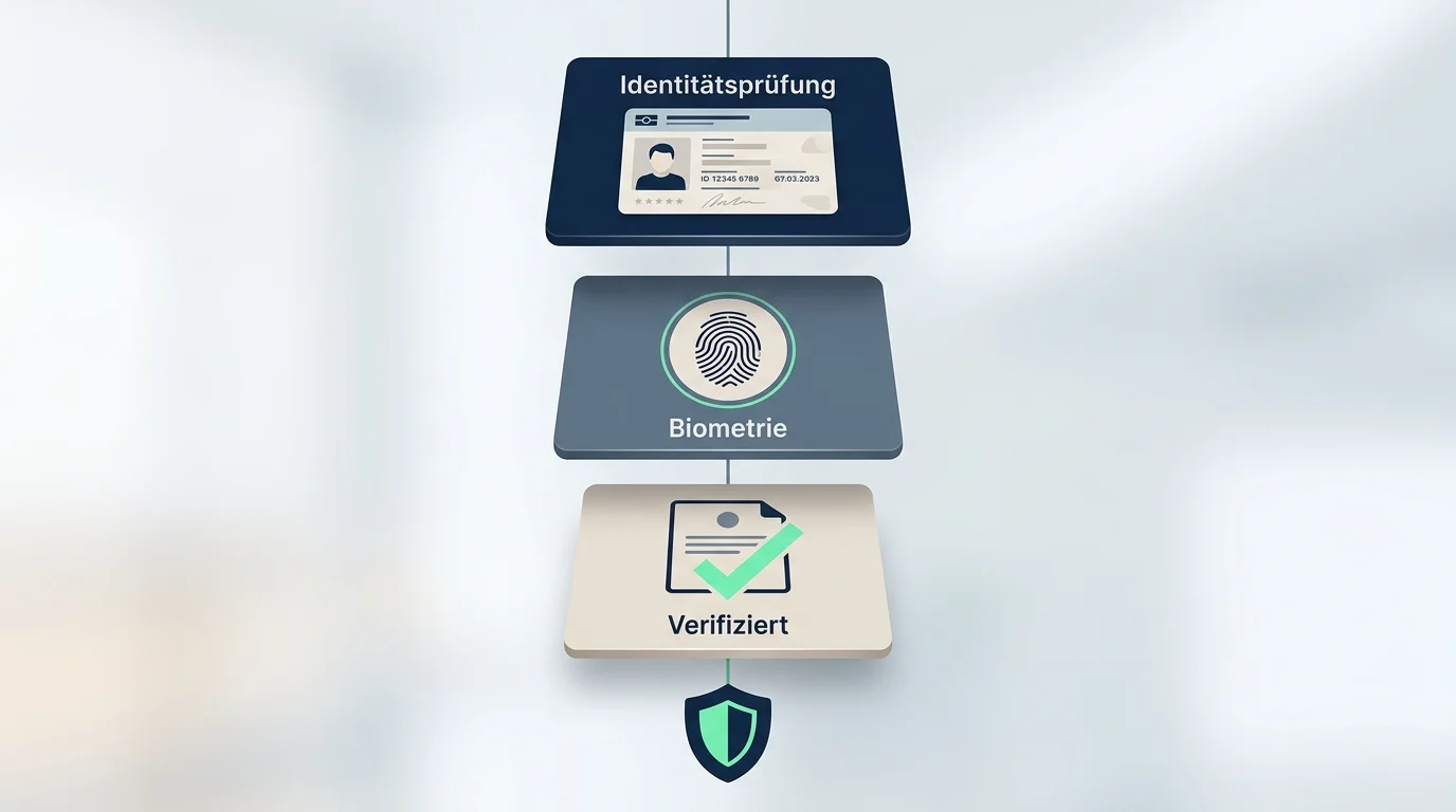 Schematische Visualisierung der typischen Bausteine einer KYC- und AML-konformen Identitätsprüfung im Online-Glücksspiel