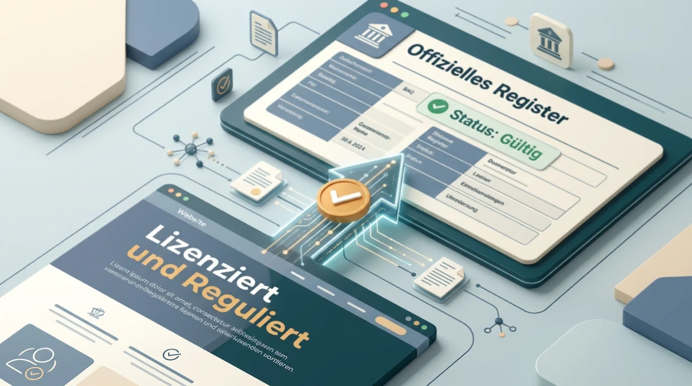 Visualisierung des Abgleichs zwischen Footer-Angabe und offiziellem Lizenzregister bei der Casino-Lizenzverifikation