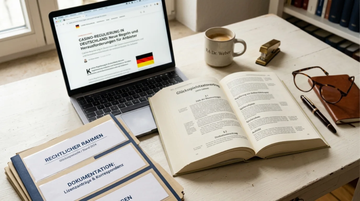 Symbolische Darstellung von Aktenordnern, einer deutschen Gesetzessammlung und einem aufgeklappten Laptop als Bild für die rechtliche Einordnung von Online-Casinos ohne deutsche Lizenz