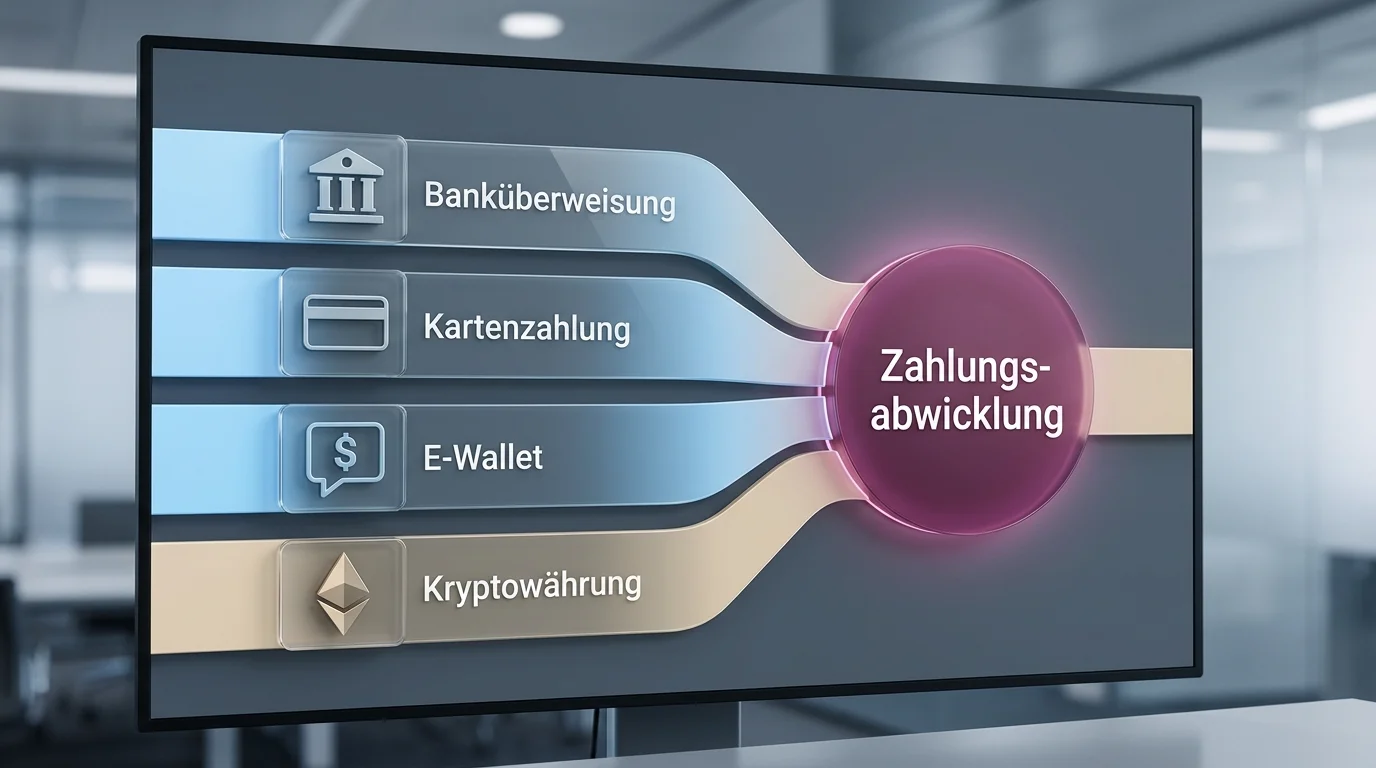 Schematische Übersicht der typischen Zahlungswege bei Anbietern ohne deutsche Lizenz mit Bank, Karte, E-Wallet und Krypto