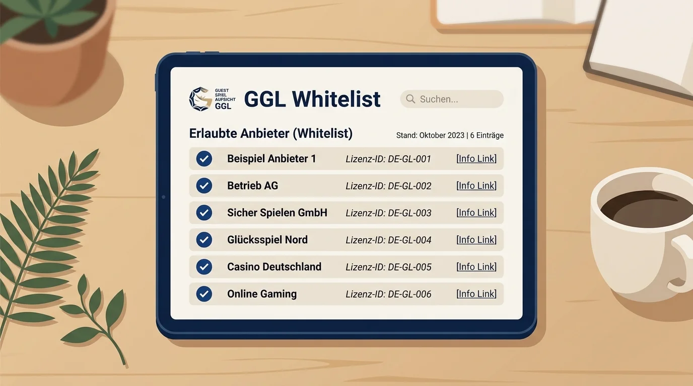 Symbolische Darstellung einer offiziellen Whitelist mit Checkmarken und einem Verweis auf die zentrale Aufsichtsbehörde