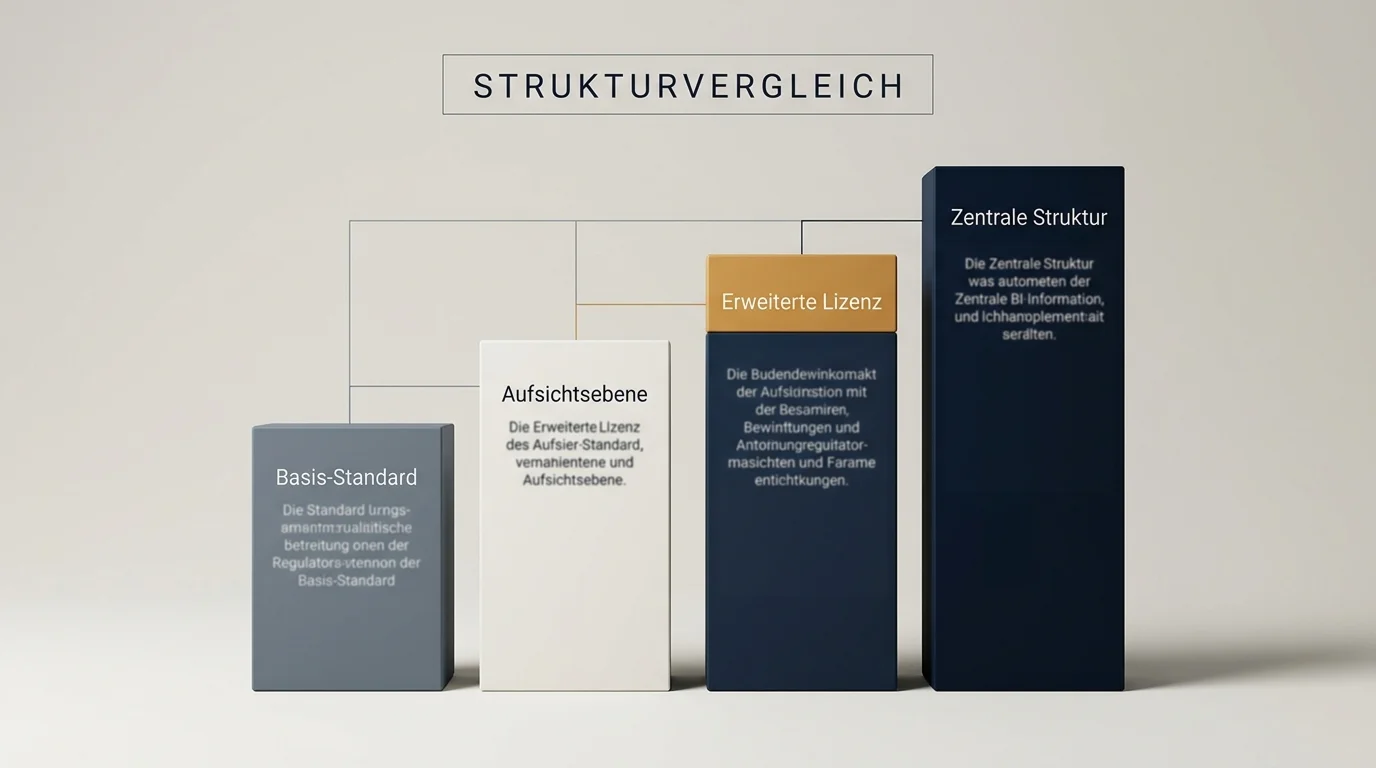 Vergleichsschema der vier Drittstaaten-Lizenzregime mit Fokus auf Aufsicht und Standardanforderungen