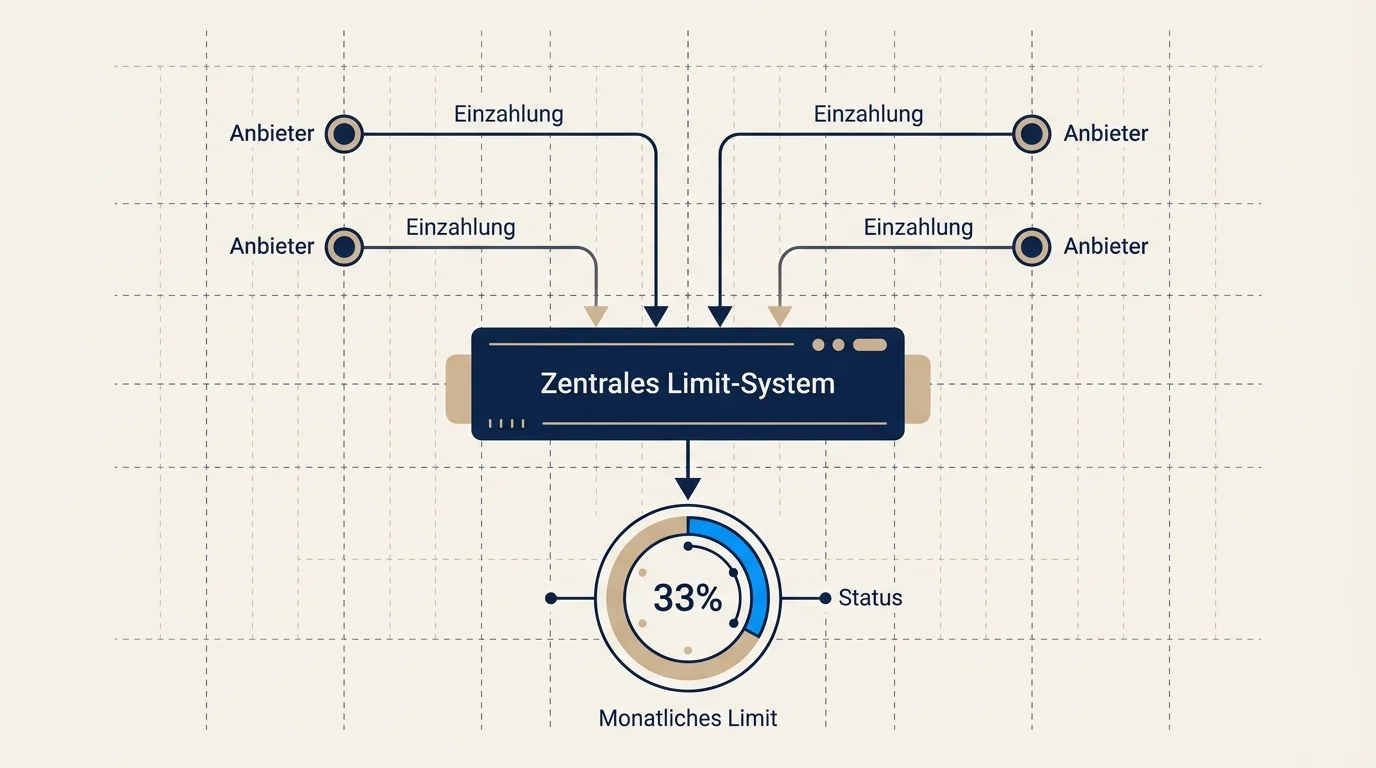 Schematische Visualisierung des LUGAS-Limits von 1.000 Euro mit Pfeildiagramm zwischen mehreren lizenzierten Anbietern und einer zentralen Limitdatei