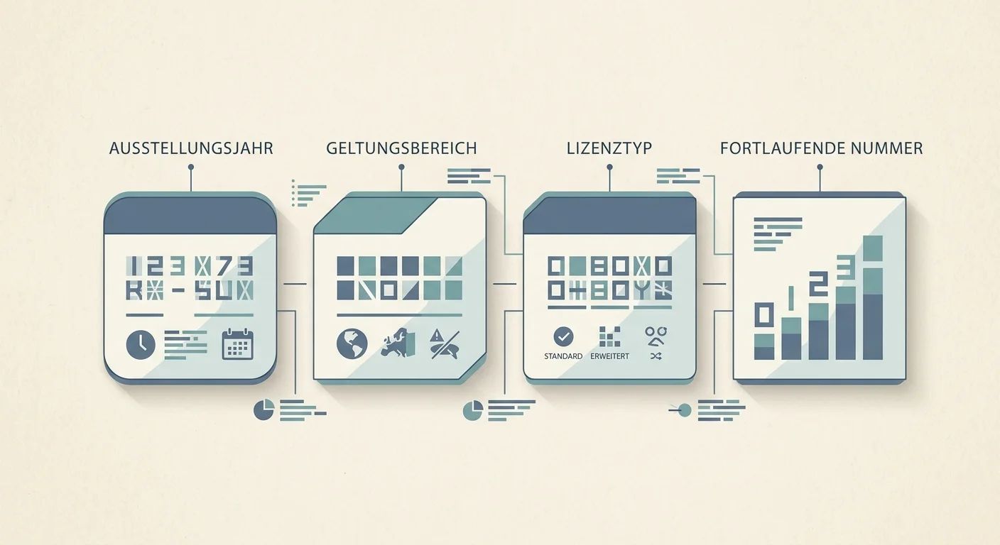 Schematische Darstellung des Aufbaus einer MGA-Lizenznummer im Format MGA/B2C/Nummer/Jahr