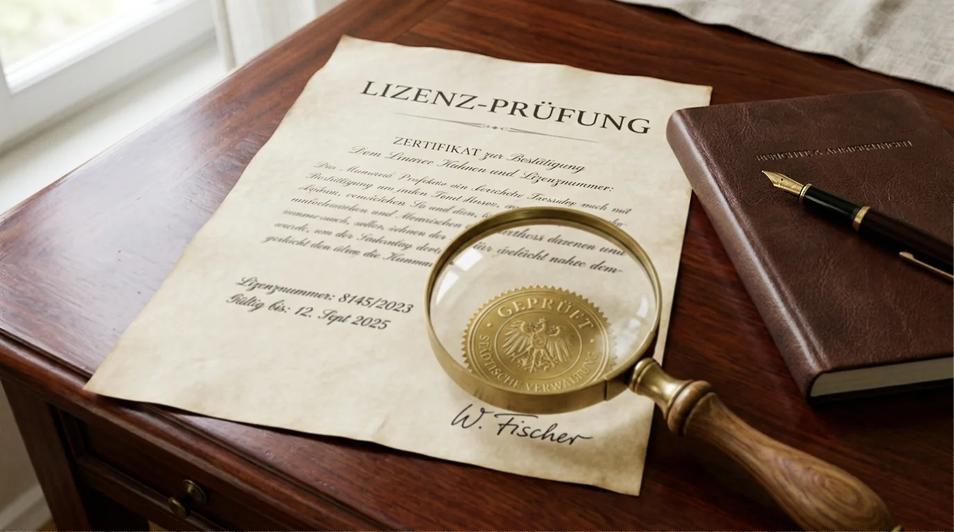 Symbolische Darstellung einer maltesischen Lizenzurkunde mit Stempel, einer Lupe und einer Vergleichsmarkierung mit dem deutschen Erlaubnisregime