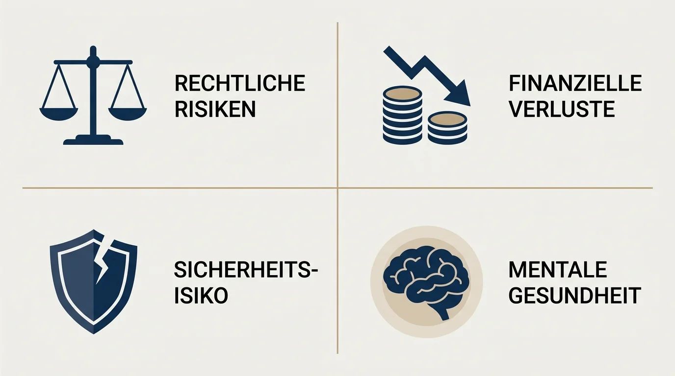 Vier symbolische Risikobereiche mit Icons für Recht, Geld, technische Sicherheit und Spielsuchtprävention zusammengefasst in einer Übersicht