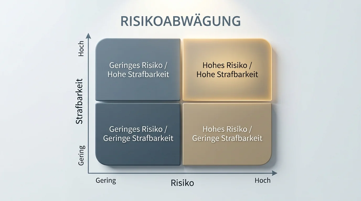 Visualisierung einer Risikoabwägungsmatrix mit Achsen für Verfolgungswahrscheinlichkeit und Folgenintensität