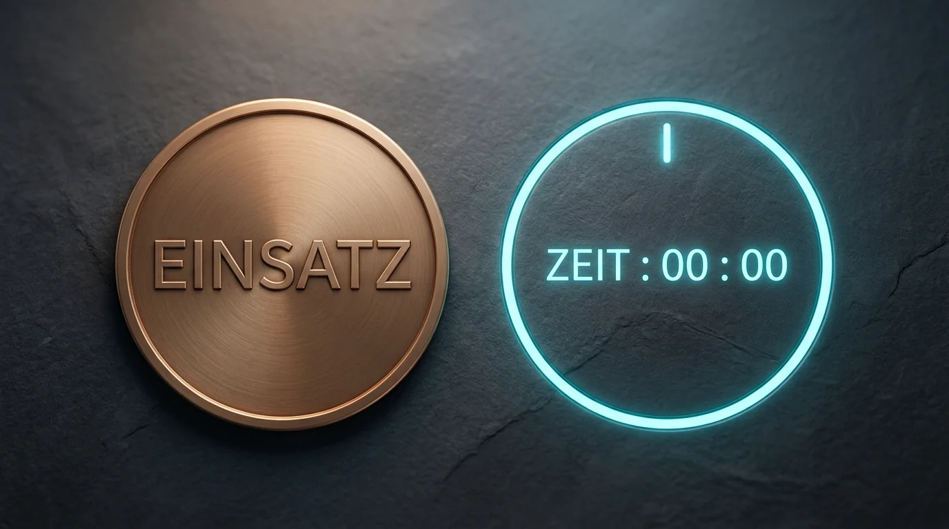 Visualisierung der Einsatz- und Intervallregeln aus § 6c GlüStV mit symbolischer Spielmechanik und Zeitmesser