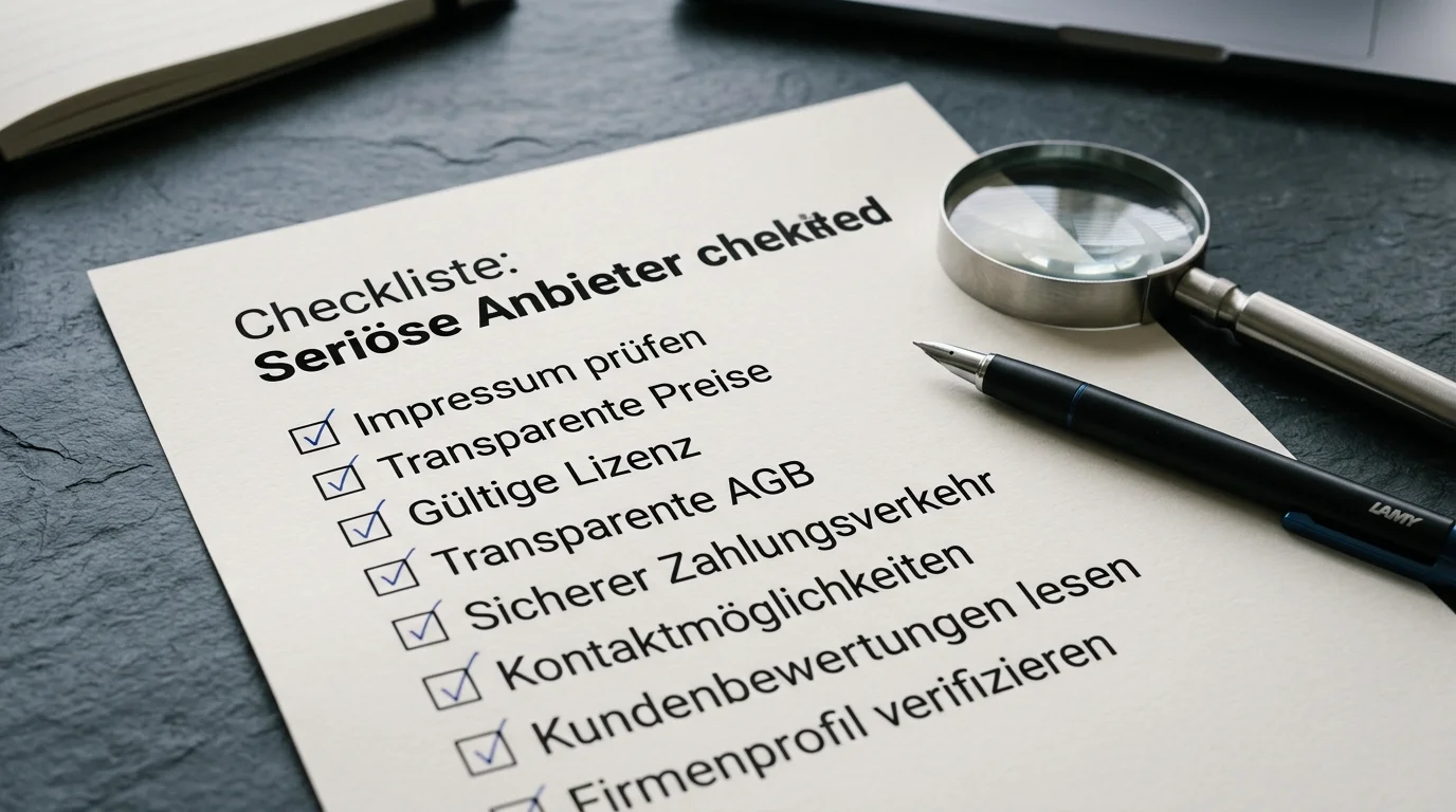 Checklistenartige Visualisierung mit Lupe und Warnsymbolen für die objektive Bewertung von Online-Casinos ohne deutsche Lizenz