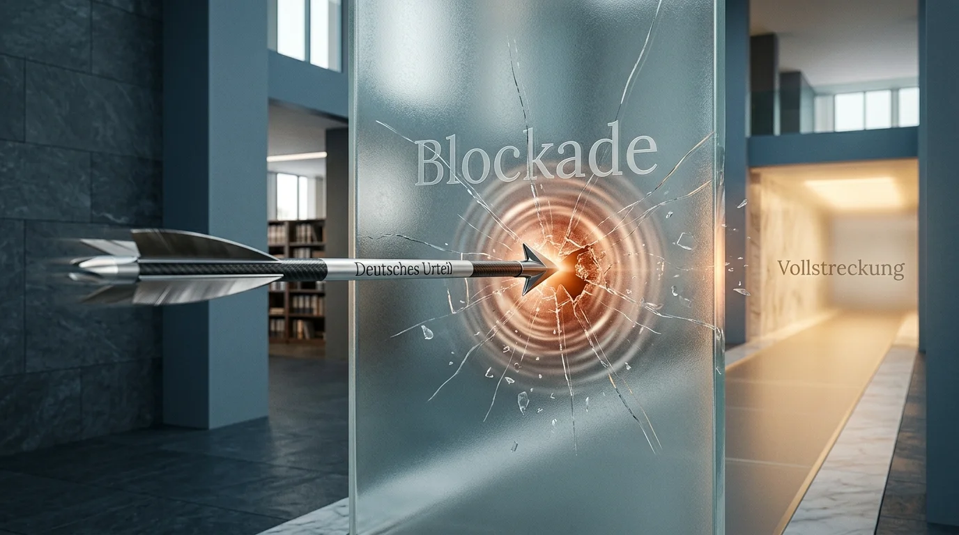 Visualisierung der Vollstreckungswege eines deutschen Urteils gegen einen ausländischen Anbieter mit Markierung der Blockadepunkte