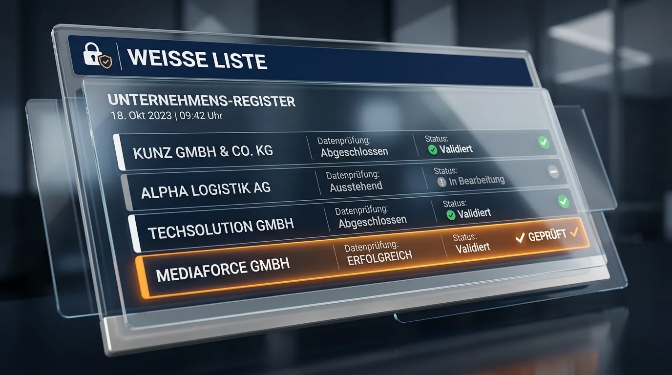 Schematische Darstellung der Whitelist-Prüfung mit Anbieterliste, Bundeslandfilter und Statusanzeige für Spielformen